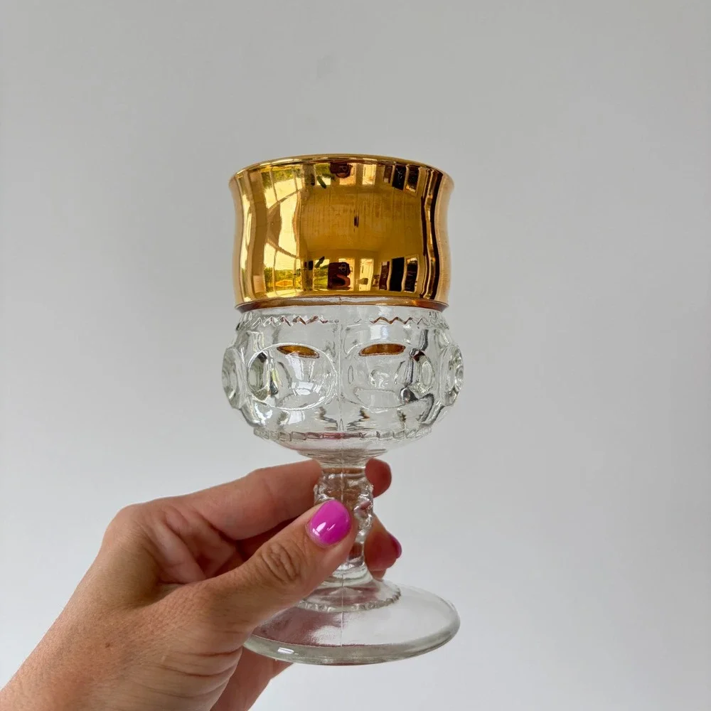 Indiana Glass Kings Thumbprint Gold Rim Goblets and Compote Set of 3 Vintage MCM